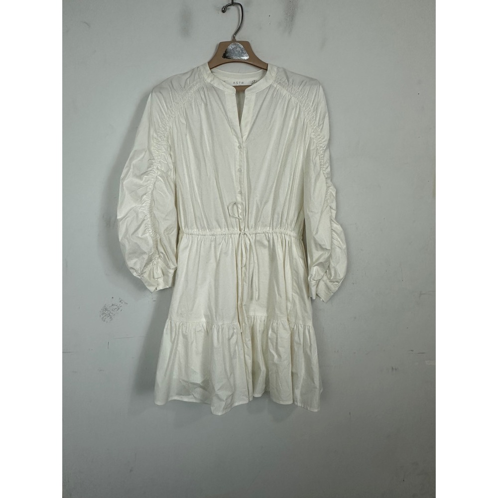 ASTR The Label White Ruched Sleeve Tiered Mini Dress Cotton Blend Size M